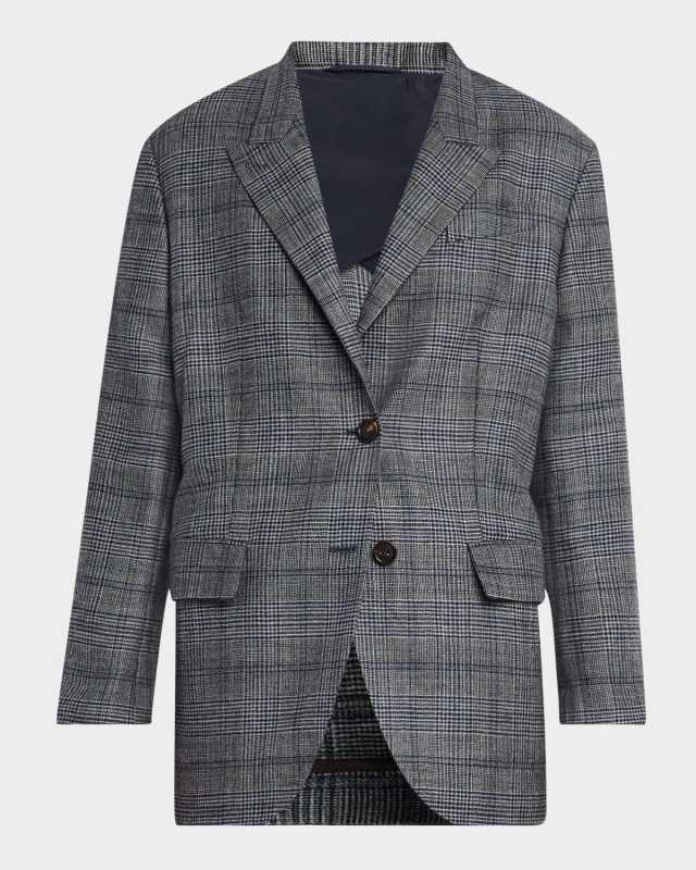 Belted Wool Prince Of Wales Single-Breasted Blazer Jacket